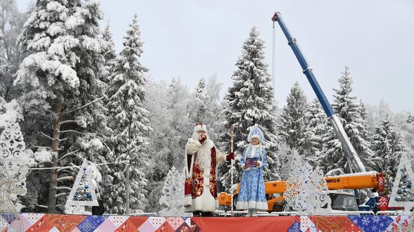 Дед Мороз и Снегурочка выступают на театрализованном представлении в деревне Новопареево городского округа Щелково, где будет срублена главная новогодняя елка страны
