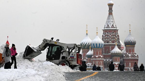 Сотрудник коммунальной службы убирает снег в Москве