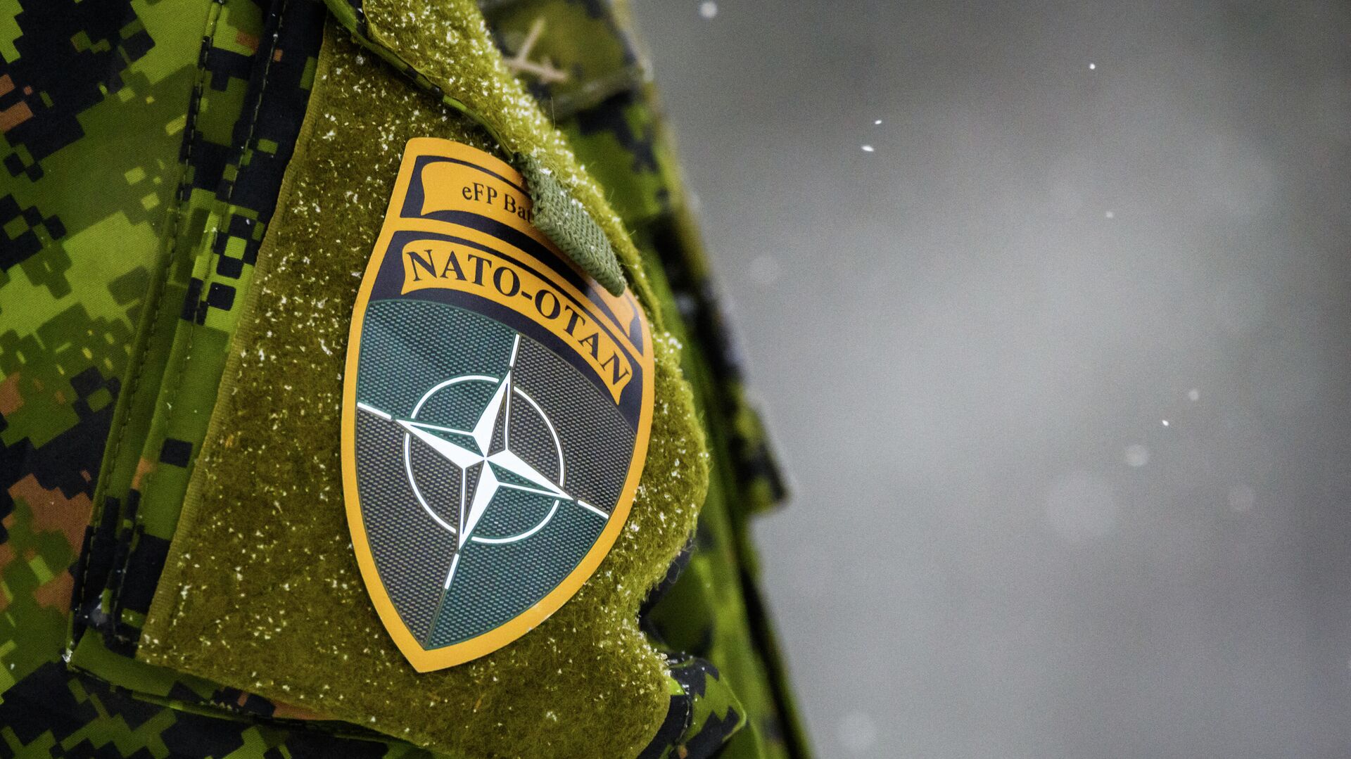 Нашивка с логотипом НАТО на форме военного во время учений Winter Shield-2021 в Латвии - РИА Новости, 1920, 21.12.2021