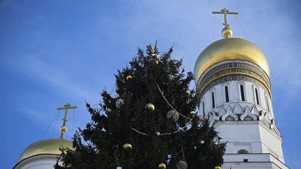Главная новогодняя елка страны на Соборной площади Кремля в Москве
