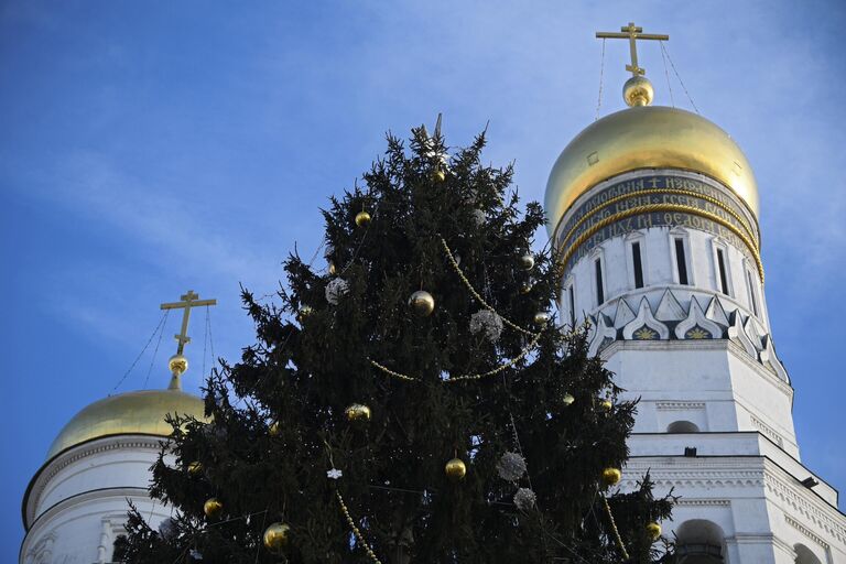 Главная новогодняя елка страны на Соборной площади Кремля в Москве