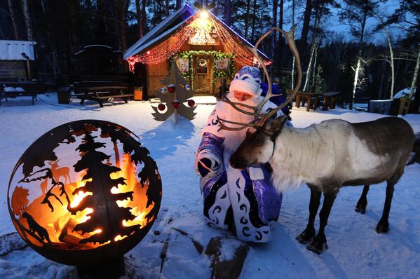 Дед Мороз с северным оленем по кличке Хатанга читает детские письма на таёжной Заимке Деда Мороза на территории Парка флоры и фауны Роев ручей в Красноярске