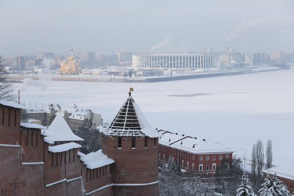 Вид на Стрелку Оки и Волги в Нижнем Новгороде. Нижний Новгород стал юбилейным, десятым городом, получившим звание Новогодняя столица России
