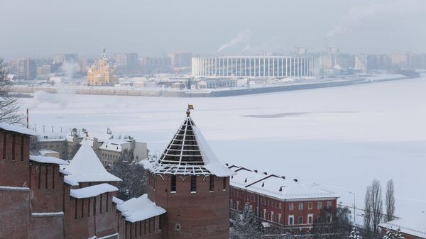 Вид на Стрелку Оки и Волги в Нижнем Новгороде. Нижний Новгород стал юбилейным, десятым городом, получившим звание Новогодняя столица России