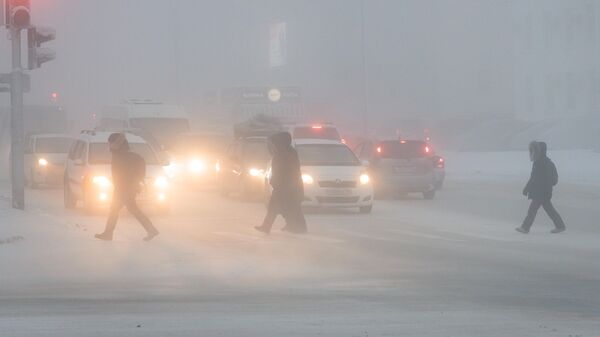 Люди переходят дорогу в снегопад