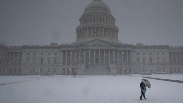 Женщина проходит мимо здания Капитолия во время снегопада в Вашингтоне, США