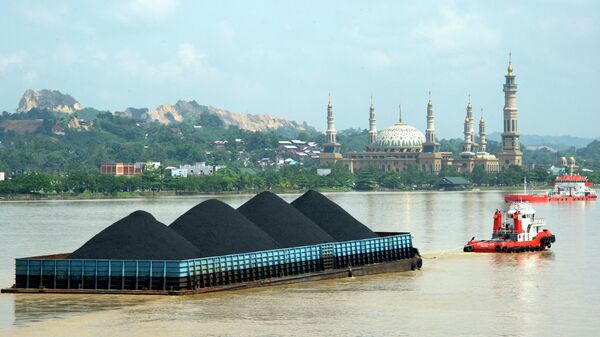 Баржа с углем на реке Махакам в провинции Восточный Калимантан, Индонезия