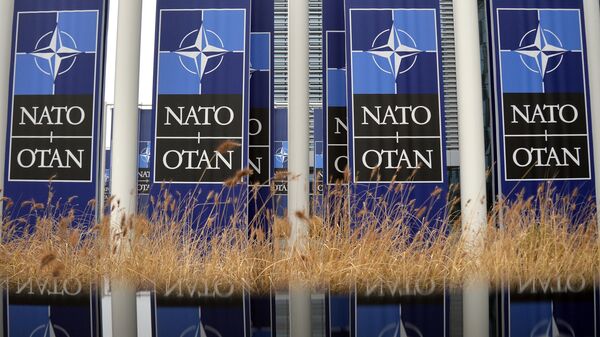 Баннеры с логотипом НАТО перед штаб-квартирой организации в Брюсселе. Архивное фото