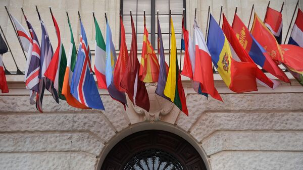 Флаги на здании в Вене, где пройдет заседание Постоянного совета ОБСЕ