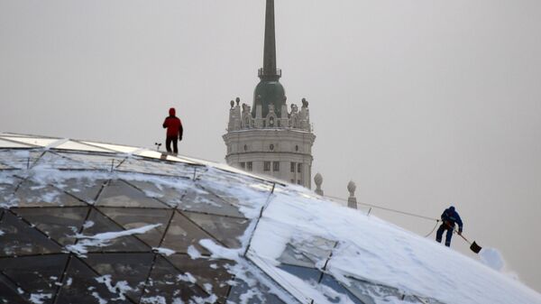 Сотрудники коммунальной службы чистят снег в парке Зарядье в Москве