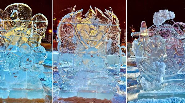 Ледяные скульптуры Клуб Микки Мауса, Холодное сердце, Моана на международном фестивале Снег и лед в Парке Горького