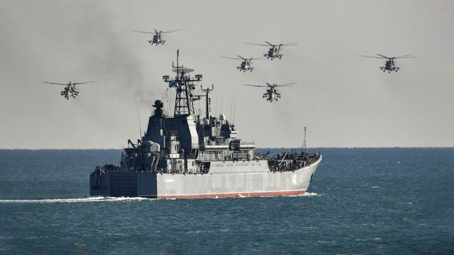 Большой десантный корабль Новочеркасск и вертолеты Ми-8 на учениях Черноморского флота в Крыму. Архивное фото