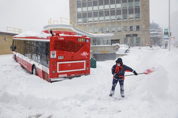 Водитель городского автобуса расчищает проезжую часть в Торонто