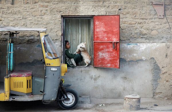 Девочка играет с собакой, сидя на окне своего дома в Карачи, Пакистан