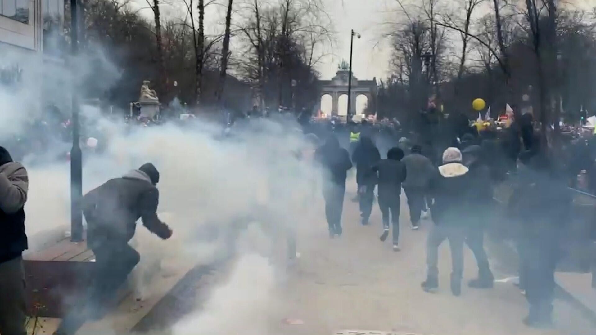 Слезоточивый газ и водометы: акции протеста против санитарно-карантинных мер в Брюсселе - РИА Новости, 1920, 23.01.2022