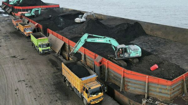 Разгрузка угля в порту Karya Citra Nusantara в Северной Джакарте, Индонезия. 13 января 2022 года