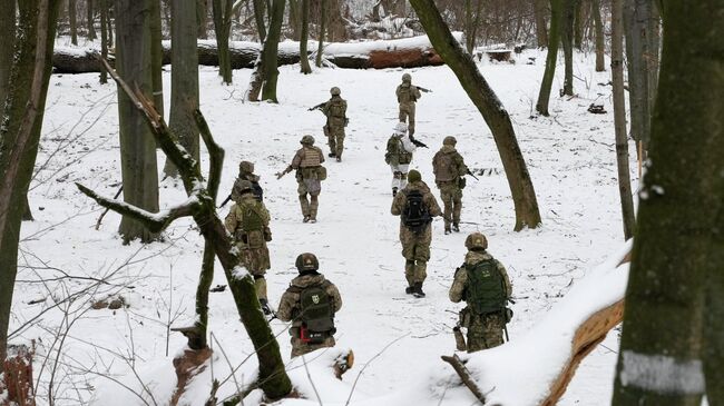 Украинские военнослужащие во время тренировки в городском парке в Киеве