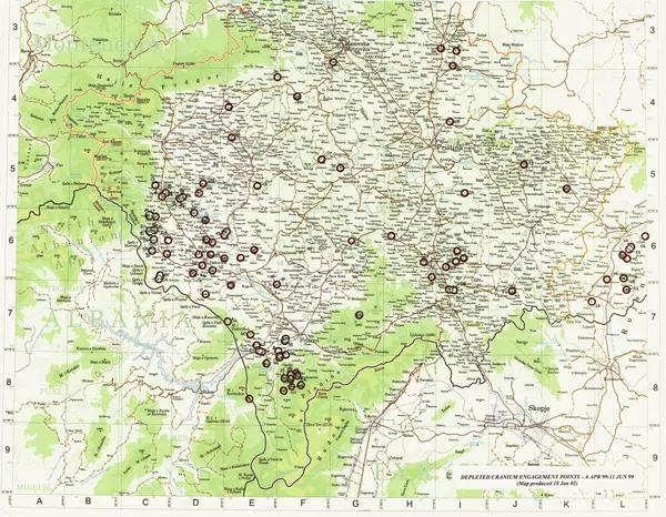 Χάρτης βομβαρδισμών με οβίδες απεμπλουτισμένου ουρανίου κατά τη διάρκεια του πολέμου στη Γιουγκοσλαβία το 1999