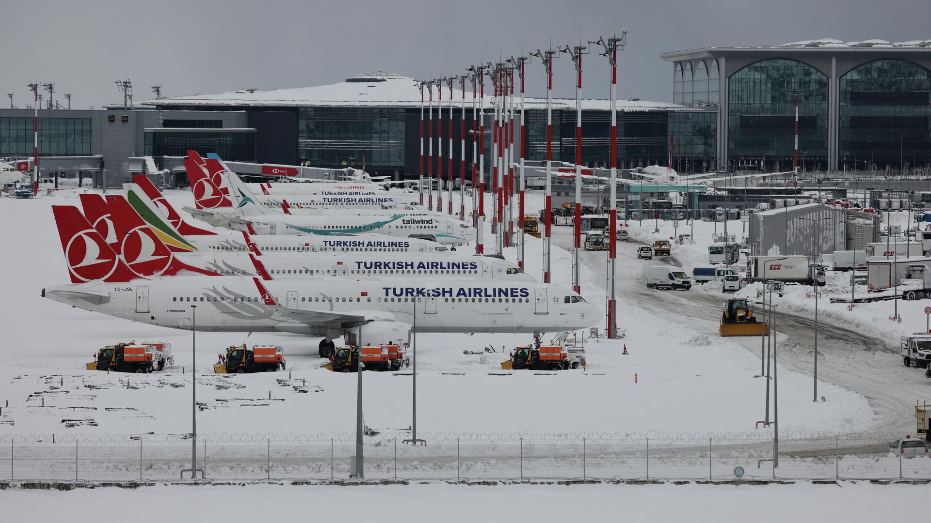 Самолеты в аэропорту Стамбула во время приостановки рейсов из-за снегопадов. 25 января 2022 - РИА Новости, 1920, 25.01.2022