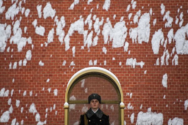 Солдат роты Почетного караула у Вечного огня на Могиле Неизвестного солдата в Москве во время снегопада