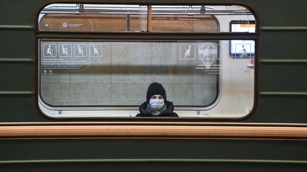 Женщина в вагоне поезда Московского метрополитена