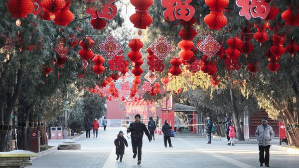Посетители в украшенном традиционными новогодними китайскими фонариками парке Дитань в Пекине