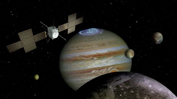 Художественное изображение автоматической межпланетной станции JUICE Европейского космического агентства в системе Юпитера