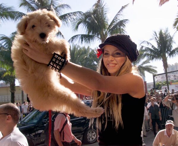 Певица Шакира с щенком, подаренным ей фанатом, во время раздачи автографов в Майами. 14 ноября 2001 год