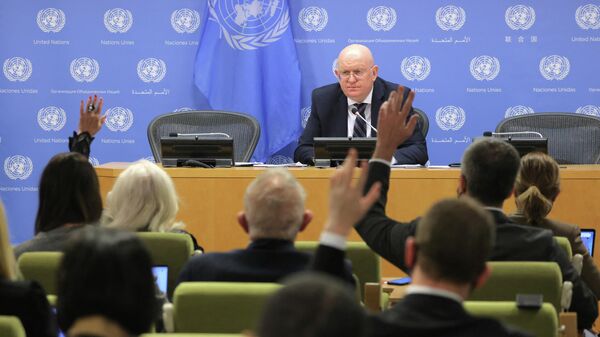 Постоянный представитель РФ при ООН Василий Небензя во время пресс-конференции в штаб-квартире ООН в Нью-Йорке