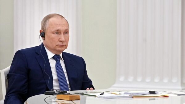 Президент России Владимир Путин во время переговоров с президентом Франции Эммануэлем Макроном в Кремле