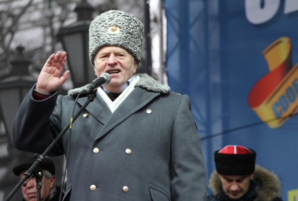 Кандидат в президенты РФ, лидер ЛДПР Владимир Жириновский выступает на митинге в свою поддержку на Пушкинской площади. 2012 год