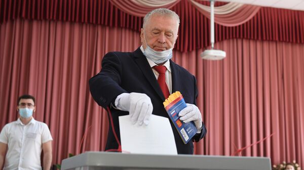 Лидер ЛДПР Владимир Жириновский во время голосования по вопросу принятия поправок в Конституцию РФ на избирательном участке в Москве