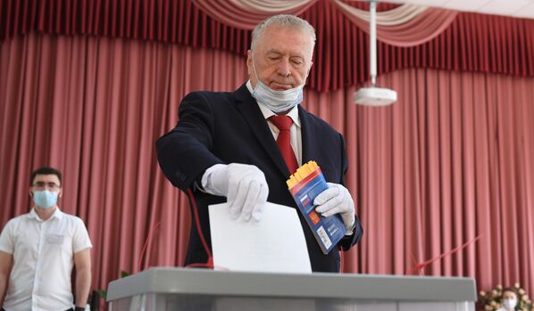 Лидер ЛДПР Владимир Жириновский во время голосования по вопросу принятия поправок в Конституцию РФ на избирательном участке в Москве