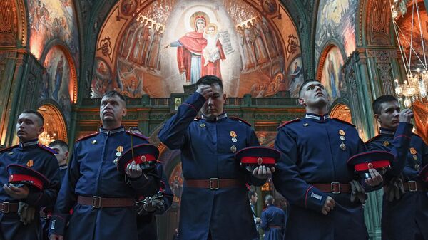 Казаки в храме Вооруженных сил РФ в парке Патриот в Московской области