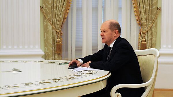 Федеральный канцлер Германии Олаф Шольц во время встречи в Кремле с президентом РФ Владимиром Путиным