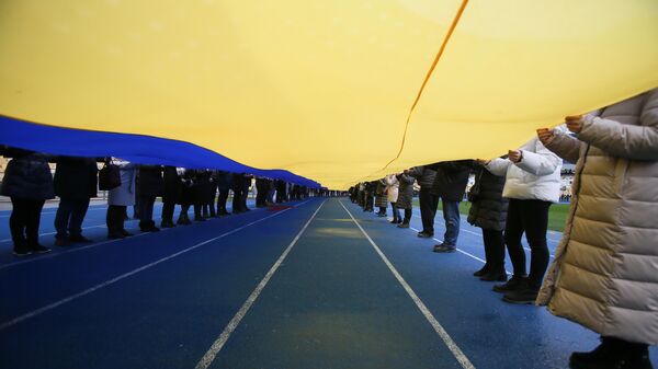 Люди с 200-метровым флагом Украины на стадионе Олимпийский