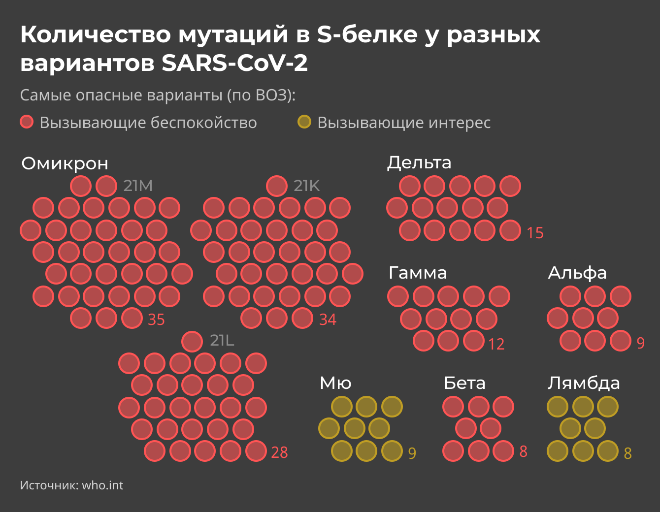 Количество мутаций в S-белке у разных вариантов SARS-CoV-2