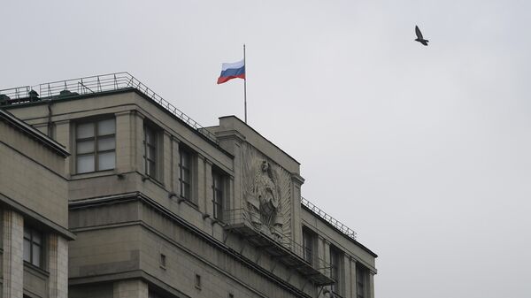 Флаг над зданием Государственной Думы РФ на улице Охотный ряд в Москве