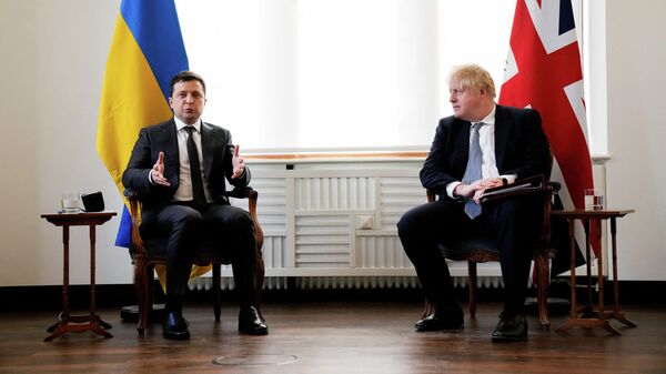 Президент Украины Владимир Зеленский и премьер-министр Великобритании Борис Джонсон во время встречи в Мюнхене
