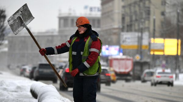 Сотрудник коммунальной службы убирает снег на одной из улиц в Москве