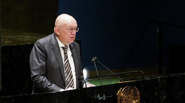 Постоянный представитель РФ при ООН Василий Небензя выступает на пленарном заседании Генеральной ассамблеи Организации Объединенных Наций в Нью-Йорке