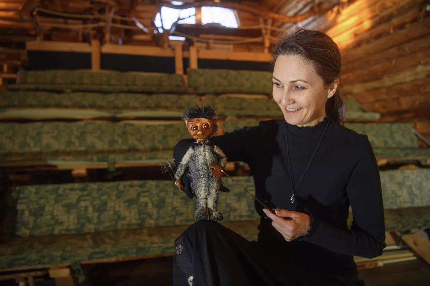 Actress Olga Sigal with the hero of fairy tales Hedgehog in the theater 2+ku.