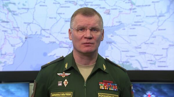Официальный представитель министерства обороны РФ генерал-майор Игорь Конашенков во время брифинга 