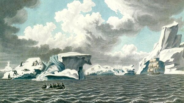 Вид ледяных островов 4 марта 1820 года. Акварель из альбома П. Михайлова