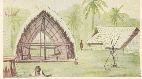 Мужской дом (буамбрамра) и жилая хижина (таль). Рисунок Миклухо-Маклая, 1871 или 1872 год