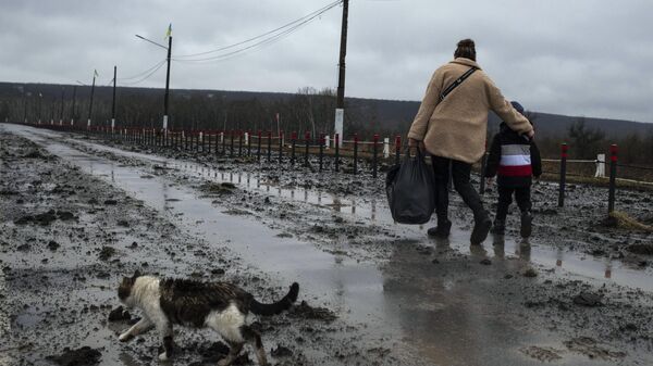 Женщина с ребенком идут по дороге у Станицы Луганская, которая перешла под контроль ЛНР