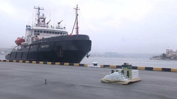 Спасательный буксир Черноморского флота Шахтер со сдавшимися военнослужащими Украины на борту заходит в порт Севастополя (скриншот видео)