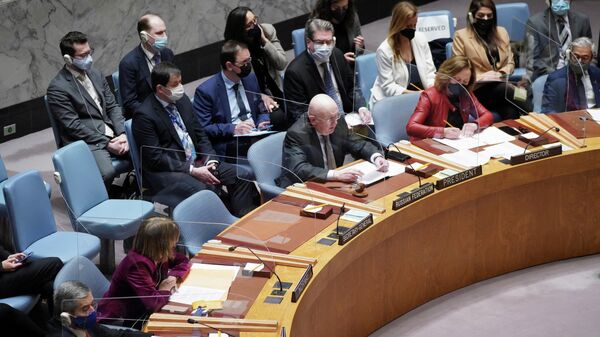 Постоянный представитель РФ при ООН Василий Небензя и зампостпреда России Дмитрий Полянский на заседании Совета Безопасности ООН