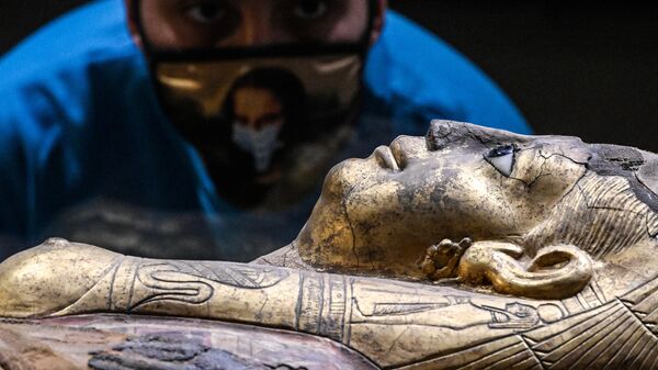 Посетитель на выставке Мумии Древнего Египта. Искусство бессмертия 