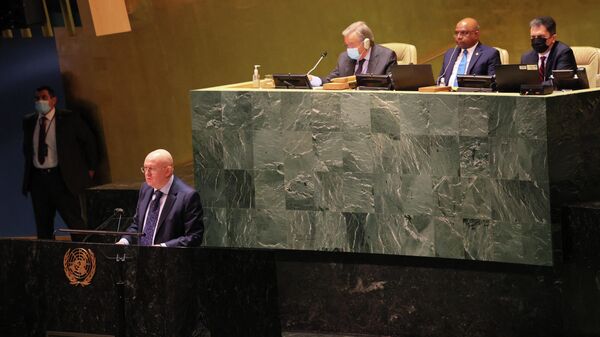 Постоянный представитель РФ при ООН Василий Небензя выступает на специальной сессии Генеральной Ассамблеи, 28 февраля 2022